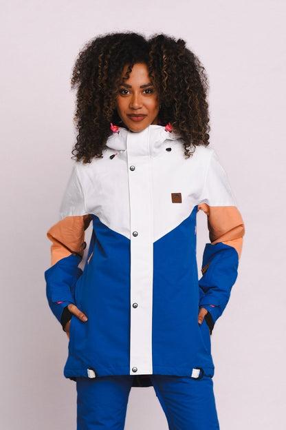 1080 Women's Ski & Snowboard Jacket - Pastel Peach, White & Blue - OOSC Clothing