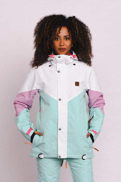 1080 Women's Ski & Snowboard Jacket - Pastel Pink, White & Pastel Mint - OOSC Clothing