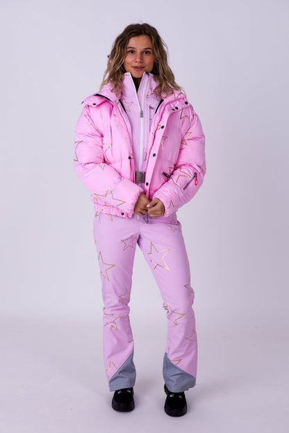 Chic Puffer Jacket - Pink with Gold Stars - OOSC Clothing