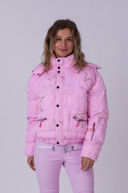 Chic Puffer Jacket - Pink with Gold Stars - OOSC Clothing