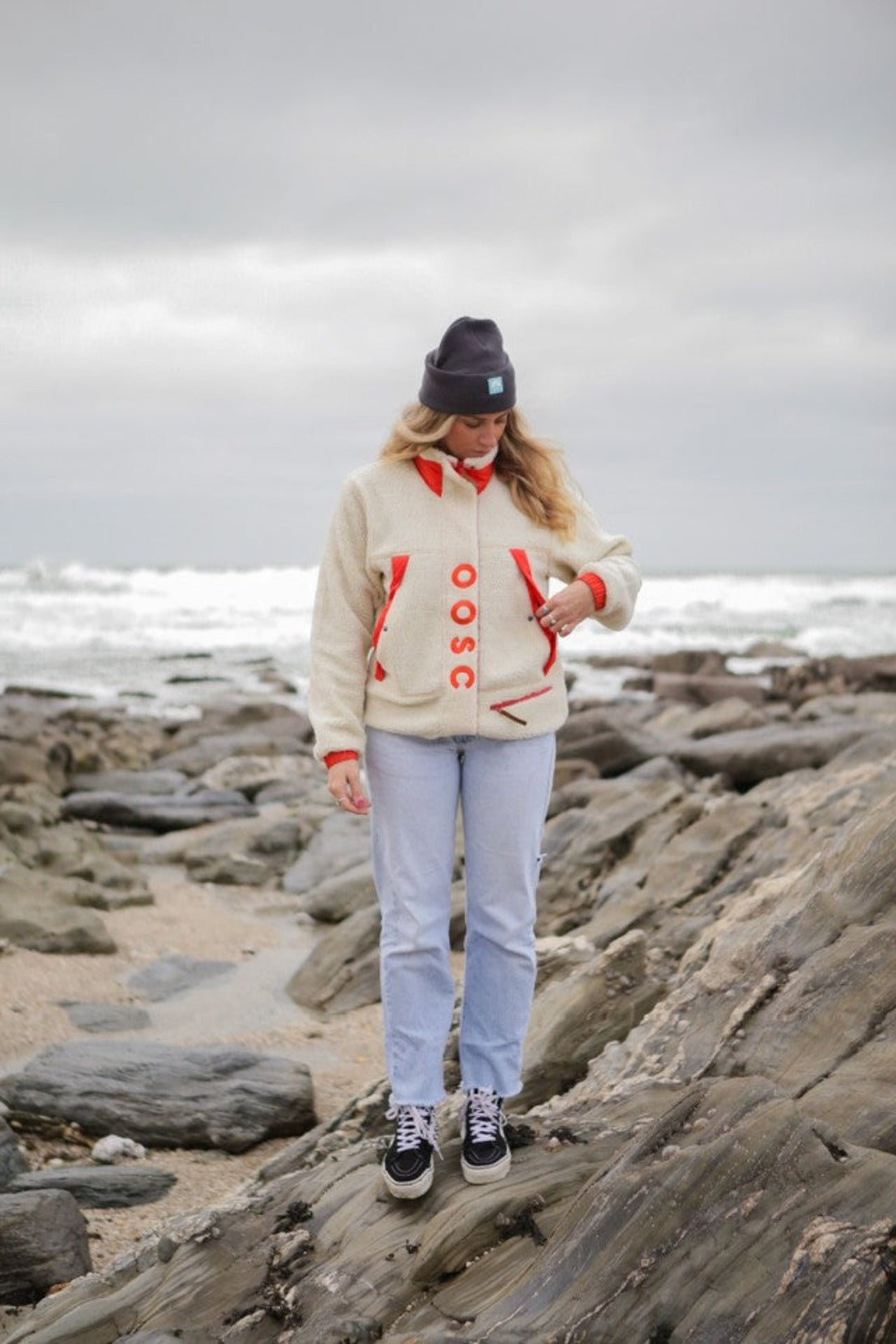 Sherpa Fleece Jacket - Cream / Red