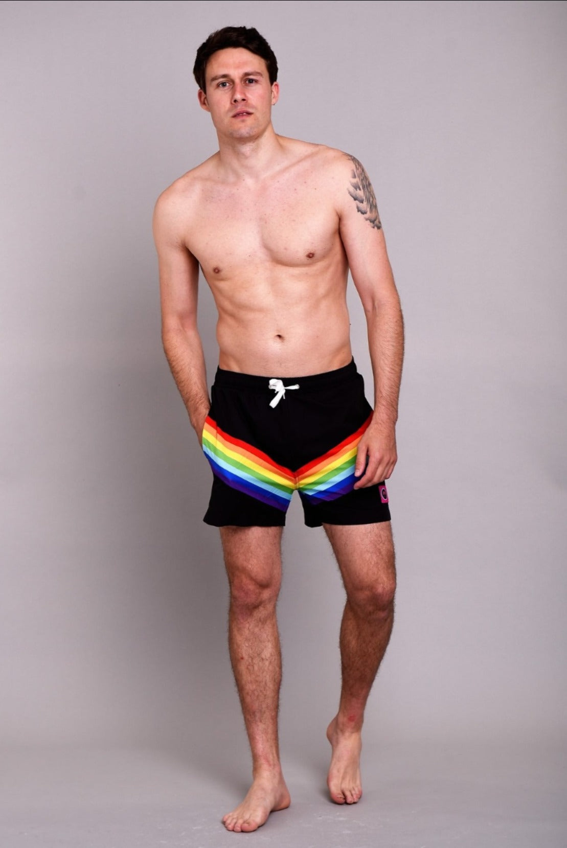 Mens Black Swim Shorts - Rainbow Chevron - Rainbow Road