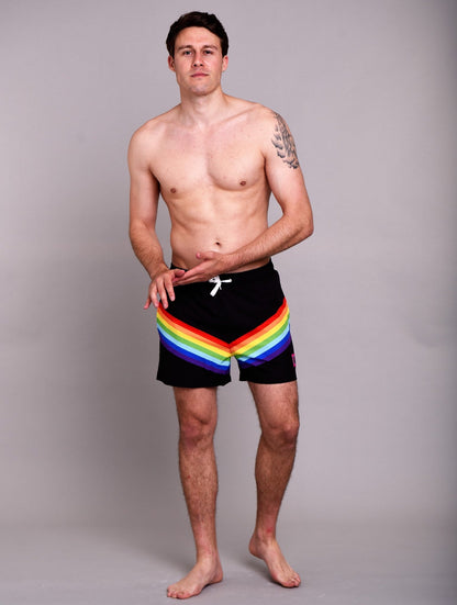 Mens Black Swim Shorts - Rainbow Chevron - Rainbow Road