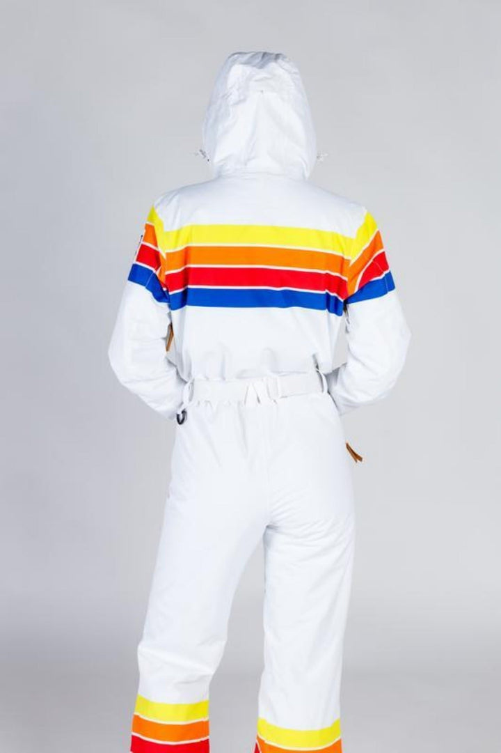 white womens ski suit multi coloured stripes
